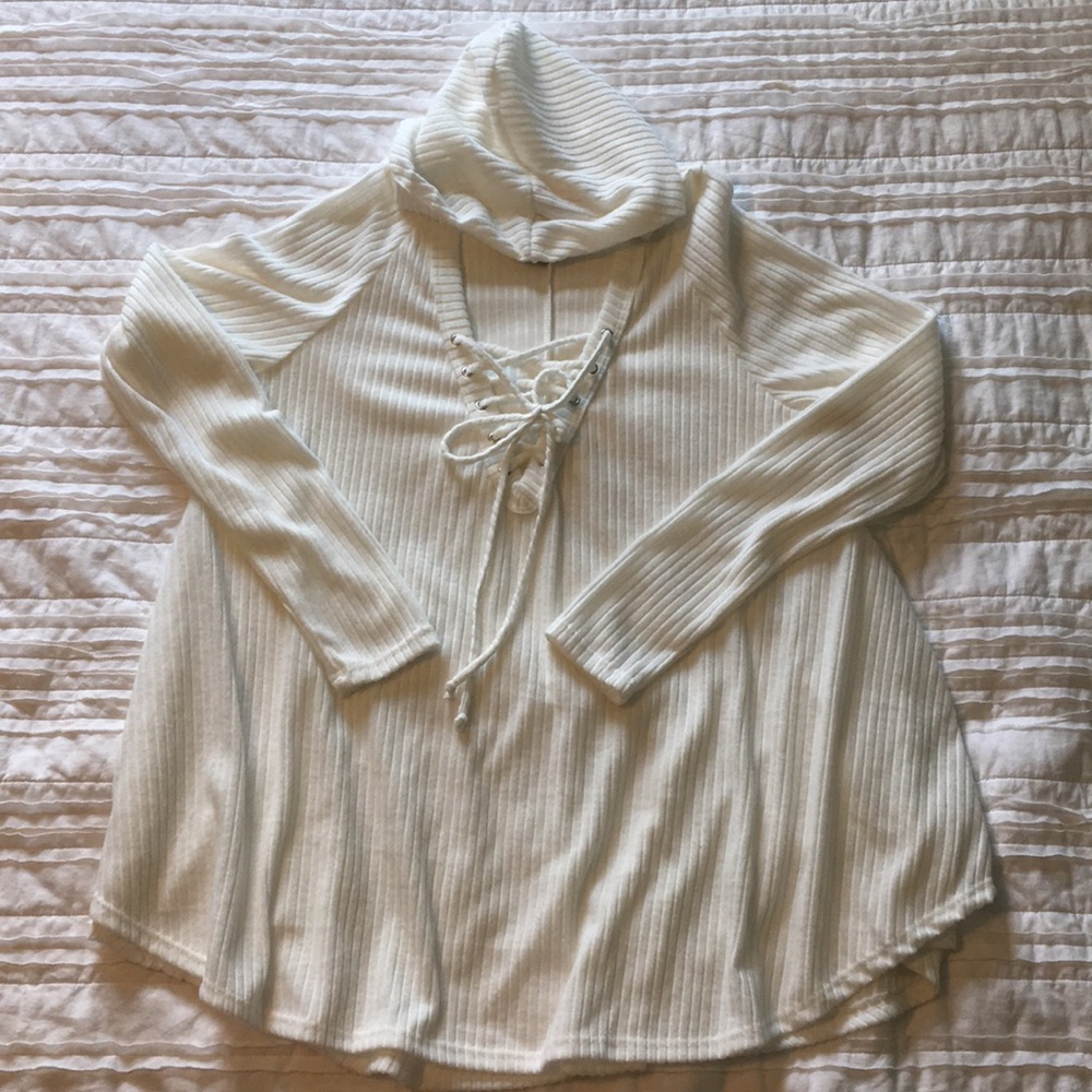 Boutique Ivory Lace Up Tunic Hoodie